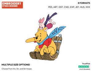 Winnie The Pooh And Piglet Sledding - Disney Characters - Wintertime - Holiday Inspired Embroidery Design in 3 sizes & 8 formats