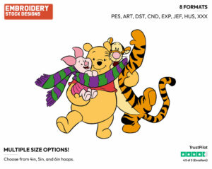 Winnie The Pooh, Piglet, Tigger - Disney Characters - Wintertime - Holiday Inspired Embroidery Design in 3 sizes & 8 formats