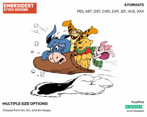 Winnie The Pooh, Piglet, Tigger And Eeyore Sledding - Disney Characters - Wintertime - Holiday Inspired Embroidery Design in 3 sizes & 8 formats