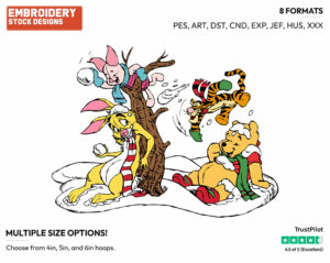 Winnie The Pooh, Piglet, Tigger And Rabbit In A Snowball Fight - Disney Characters - Wintertime - Holiday Inspired Embroidery Design in 3 sizes & 8 formats
