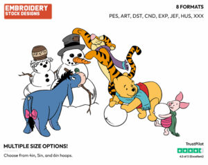 Pooh, Tigger, Piglet, Eeyore, Snowman - Disney Characters - Wintertime - Holiday Inspired Embroidery Design in 3 sizes & 8 formats