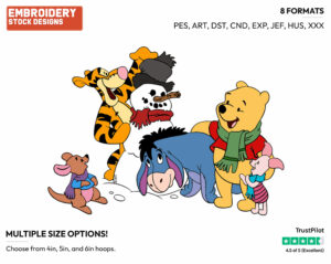 Winnie The Pooh, Piglet, Tigger, Eeyore, Roo Building Snowman - Disney Characters - Wintertime - Holiday Inspired Embroidery Design in 3 sizes & 8 formats