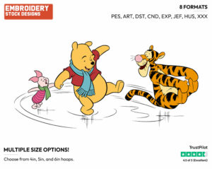 Pooh, Piglet, Tigger On Ice - Disney Characters - Wintertime - Holiday Inspired Embroidery Design in 3 sizes & 8 formats