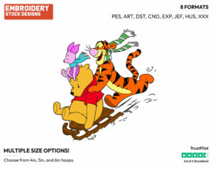 Winnie The Pooh, Piglet, Tigger Sledding - Disney Characters - Wintertime - Holiday Inspired Embroidery Design in 3 sizes & 8 formats