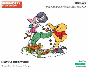 Pooh, Piglet Building Snowman - Disney Characters - Wintertime - Holiday Inspired Embroidery Design in 3 sizes & 8 formats