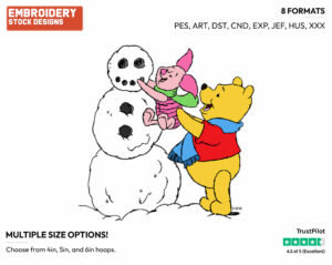 Winnie The Pooh, Piglet Building Snowman - Disney Characters - Wintertime - Holiday Inspired Embroidery Design in 3 sizes & 8 formats