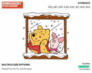 Winnie, Piglet Looking Out Window - Disney Characters - Wintertime - Holiday Inspired Embroidery Design in 3 sizes & 8 formats