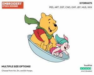 Winnie, Piglet Sledding - Disney Characters - Wintertime - Holiday Inspired Embroidery Design in 3 sizes & 8 formats