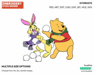 Winnie, Rabbit Snowball Fight - Disney Characters - Wintertime - Holiday Inspired Embroidery Design in 3 sizes & 8 formats