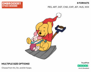 Winnie, Piglet Sledding - Disney Characters - Wintertime - Holiday Inspired Embroidery Design in 3 sizes & 8 formats