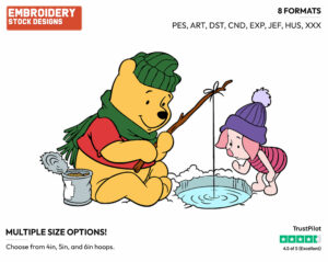 Winnie, Piglet Ice Fishing - Disney Characters - Wintertime - Holiday Inspired Embroidery Design in 3 sizes & 8 formats
