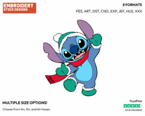 Stitch Wearing Winter Scarf, Hat And Boots - Disney Characters - Wintertime - Holiday Inspired Embroidery Design in 3 sizes & 8 formats