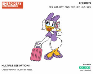 Talking On The Phone With Luggage - Disney's Daisy Duck - Embroidery Design in 3 sizes & 8 formats