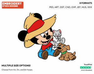 Farmer Baby Mickey With Kitten And Puppy - Disney Babies - Embroidery Design in 3 sizes & 8 formats