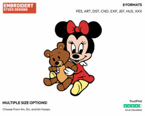 Baby Minnie Hugging Her Teddy Bear - Disney Babies - Embroidery Design in 3 sizes & 8 formats