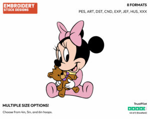 Baby Minnie Hugging Her Teddy Bear - Disney Babies - Embroidery Design in 3 sizes & 8 formats