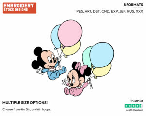 Baby Mickey, Minnie Floating From Balloons - Disney Babies - Embroidery Design in 3 sizes & 8 formats