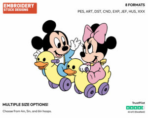 Baby Mickey, Baby Minnie On Toy Ducks - Disney Babies - Embroidery Design in 3 sizes & 8 formats