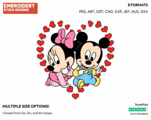 Baby Minnie, Mickey Surrounded By Hearts - Disney Babies - Embroidery Design in 3 sizes & 8 formats