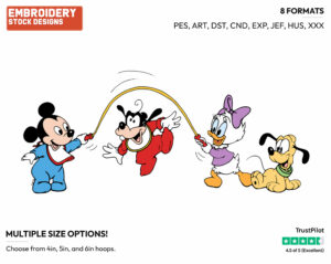 Baby Mickey, Goofy, Daisy And Pluto Playing Jump Rope - Disney Babies - Embroidery Design in 3 sizes & 8 formats