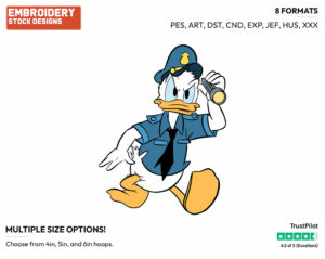Donald Duck As A Security Guard - Disney's Donald Duck - Embroidery Design in 3 sizes & 8 formats