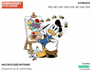 Donald Painting Flowers, Attracted By Bees - Disney's Donald Duck - Embroidery Design in 3 sizes & 8 formats