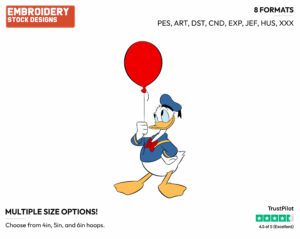 Holding A Red Balloon - Disney's Donald Duck - Embroidery Design in 3 sizes & 8 formats
