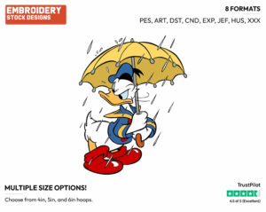 Holding Umbrella In The Rain - Disney's Donald Duck - Embroidery Design in 3 sizes & 8 formats