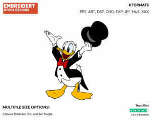 Wearing Top Hat, Coat Tails - Disney's Donald Duck - Embroidery Design in 3 sizes & 8 formats