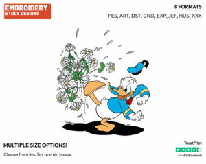 Kicking Bouquet Of Flowers - Disney's Donald Duck - Embroidery Design in 3 sizes & 8 formats