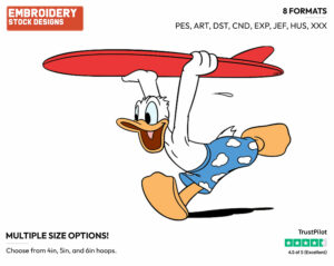 Running With Surfboard - Disney's Donald Duck - Embroidery Design in 3 sizes & 8 formats