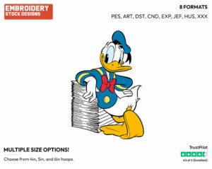 Donald Duck Leaning On Pile Of Newspapers - Disney's Donald Duck - Embroidery Design in 3 sizes & 8 formats