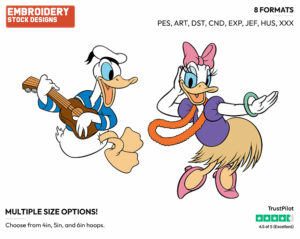 Donald, Daisy Hula Dancing, Playing Ukulele - Disney's Classic Donald & Daisy Duck - Embroidery Design in 3 sizes & 8 formats