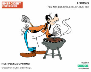 Goofy Seasoning His Burger Patties On The Barbecue - Disney's Goofy - Embroidery Design in 3 sizes & 8 formats