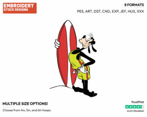Goofy Standing Next To His Surfboard - Disney's Goofy - Embroidery Design in 3 sizes & 8 formats
