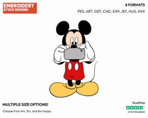 Taking A Picture With His Cellphone - Disney's Mickey Mouse - Embroidery Design in 3 sizes & 8 formats
