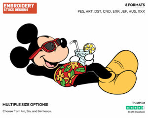 Relaxing With A Cold Drink - Disney's Mickey Mouse - Embroidery Design in 3 sizes & 8 formats