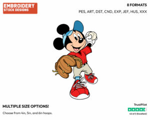 Playing Baseball - Disney's Mickey Mouse - Embroidery Design in 3 sizes & 8 formats
