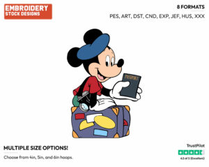 Mickey Mouse On Holiday In France, Holding Passport - Disney's Mickey Mouse - Embroidery Design in 3 sizes & 8 formats