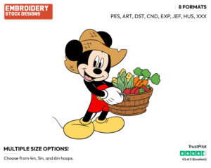 Farmer Mickey Carrying Basket Of Vegetables - Disney's Mickey Mouse - Embroidery Design in 3 sizes & 8 formats
