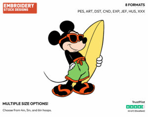 Mickey's Surfboard - Disney's Mickey Mouse - Embroidery Design in 3 sizes & 8 formats