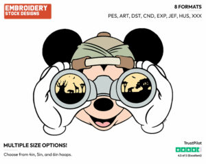 On Safari Looking Through Binoculars - Disney's Mickey Mouse - Embroidery Design in 3 sizes & 8 formats