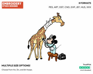 Veterinarian Mickey Examing Giraffe - Disney's Mickey Mouse - Embroidery Design in 3 sizes & 8 formats
