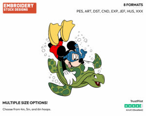 Swimming With Sea Turtle - Disney's Mickey Mouse - Embroidery Design in 3 sizes & 8 formats