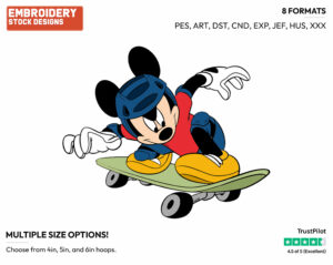Skateboarding - Disney's Mickey Mouse - Embroidery Design in 3 sizes & 8 formats
