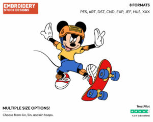 Skateboarding - Disney's Mickey Mouse - Embroidery Design in 3 sizes & 8 formats