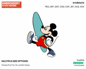 Mickey Mouse, Surfboard - Disney's Mickey Mouse - Embroidery Design in 3 sizes & 8 formats