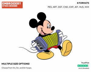 Playing The Accordion - Disney's Mickey Mouse - Embroidery Design in 3 sizes & 8 formats