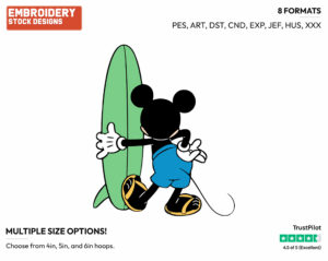 Mickey Mouse Holding His Surfboard - Disney's Mickey Mouse - Embroidery Design in 3 sizes & 8 formats
