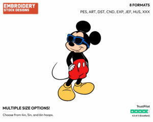 Wearing Sunglasses - Disney's Mickey Mouse - Embroidery Design in 3 sizes & 8 formats